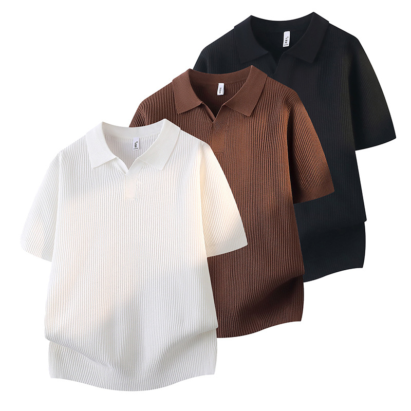 Herren-Polohemd im Vintage-Stil, kurzärmelig – Geripptes Baumwoll-T-Shirt im Stil alter Geldzeitalter (M-3XL, Weiß/Schwarz/Kaffee)_voghion.com