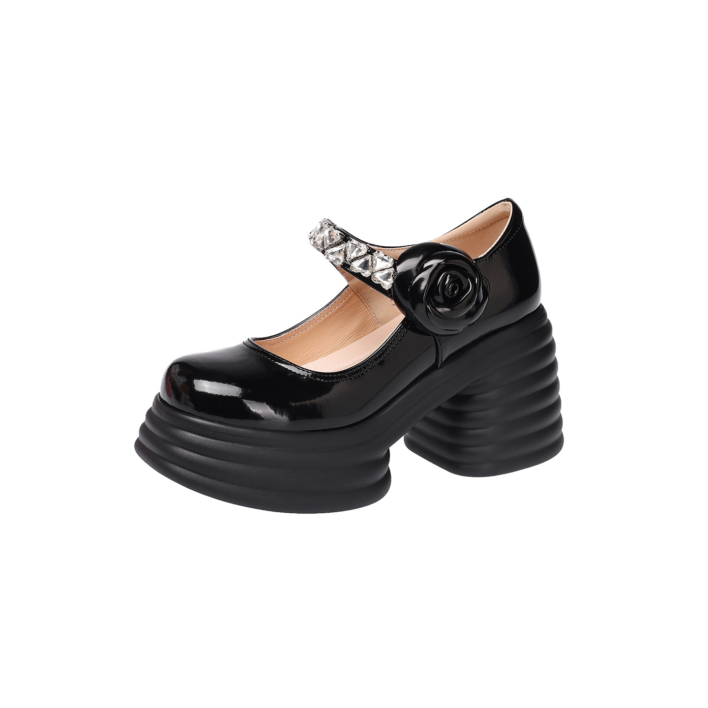 Giày sandal cao gót nữ quai ngang đế dày gót 9 cm đính hoa pha lê — màu đen, màu hồng, màu trắng ngà