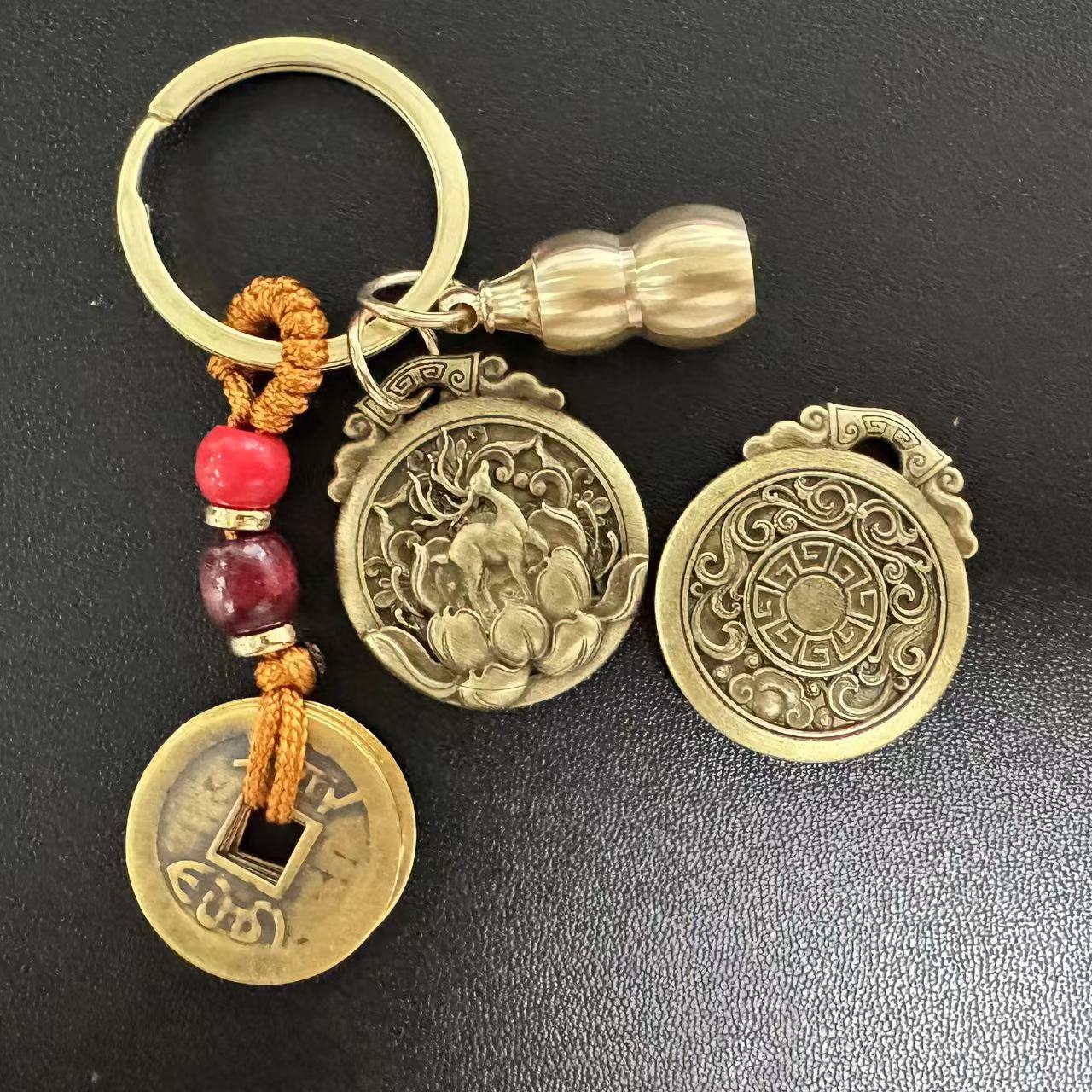 一路有你福牌开口葫芦仿铜貔貅棕绳五帝钱钥匙扣挂件厂家一件代发