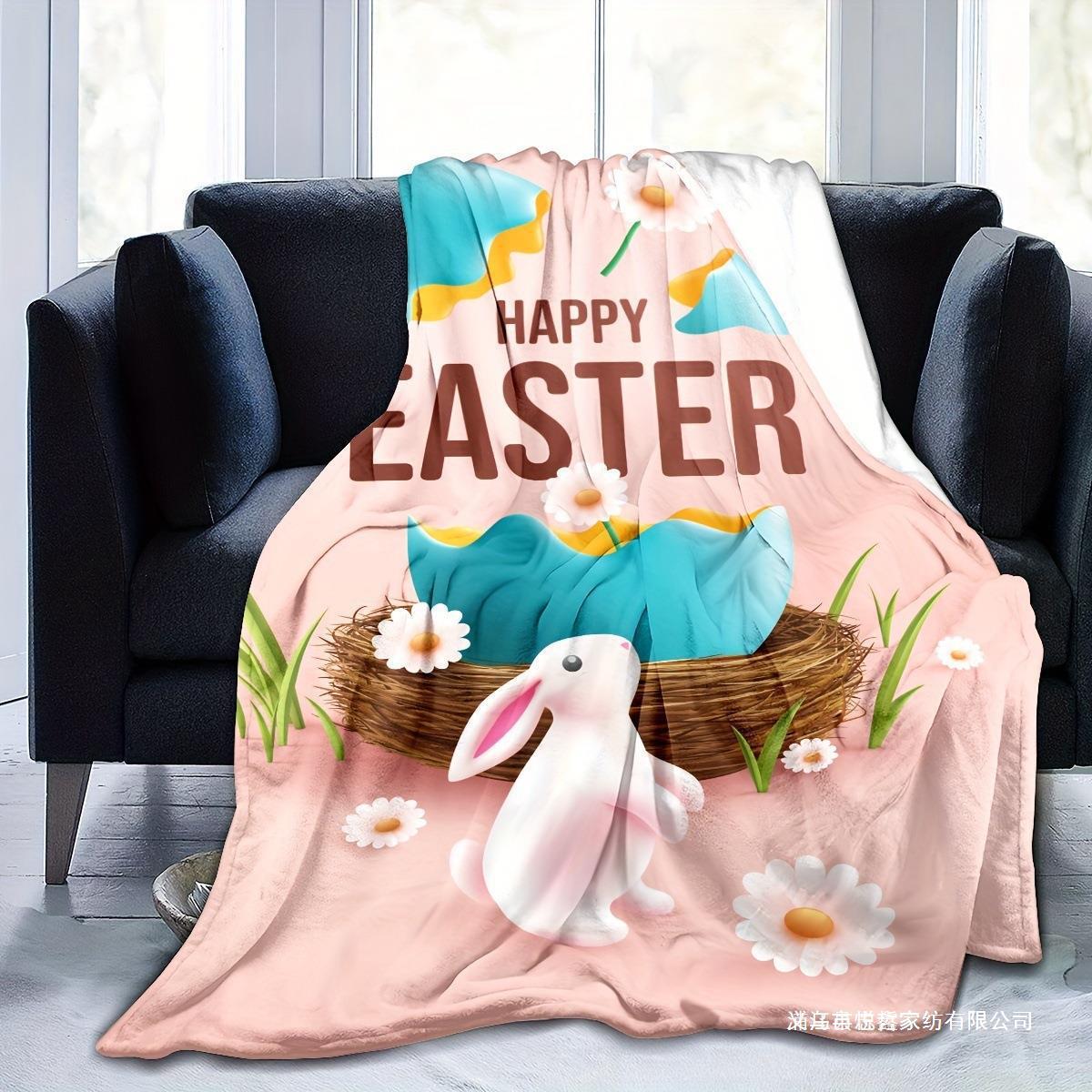 Cozy Easter Bunny Print Cover Blanket Lightweight Flannel Blanket Suitable for Sofa, Bed, Travel, Camping