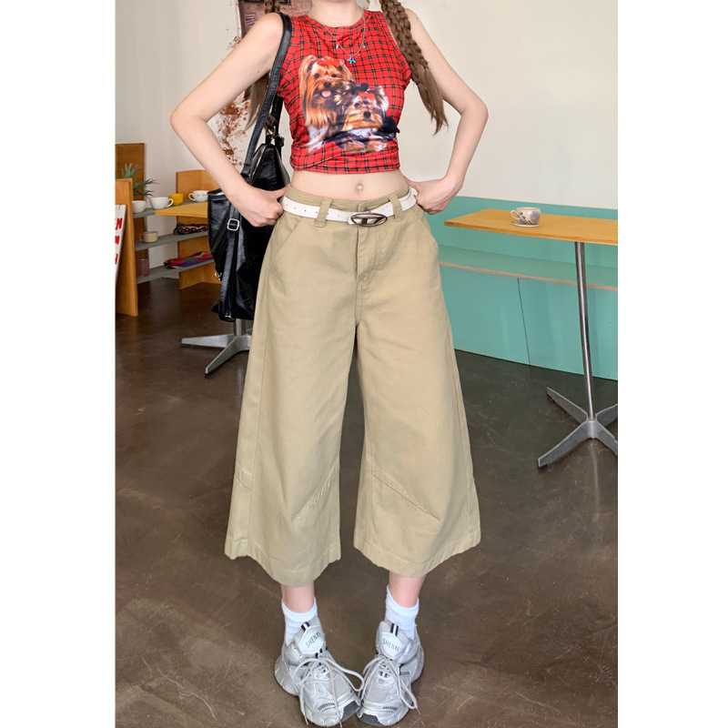 Khaki Wide-Leg Cropped Jeans for Women 2025 New High-Waisted Petite Straight Cropped Mid-Length Pants Summer Thin Style