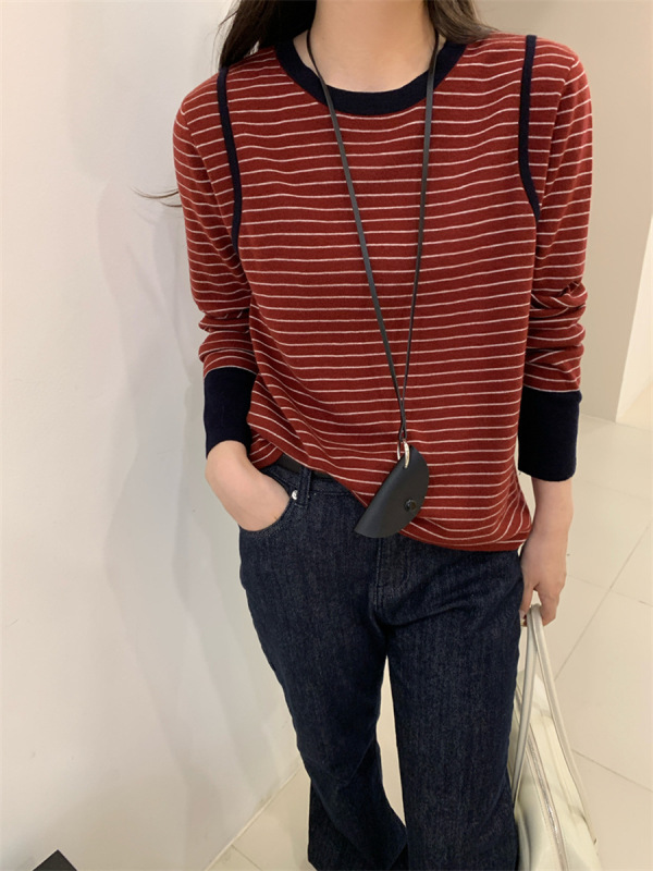 红色条纹长袖T恤女2025秋季大码胖mm时尚设计感显瘦内搭打底上衣|undefined