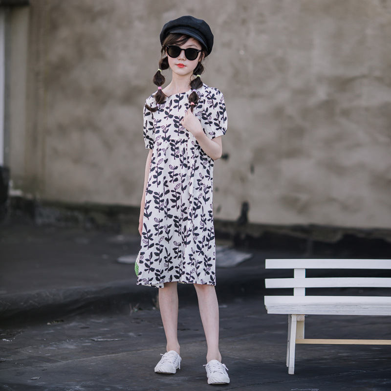 Faldas para niñas verano 2024 nuevo estilo vestido de algodón puro para niñas vestido largo francés de manga corta para vacaciones