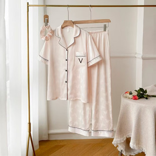 Butterfly Jacquard High-grade Ice Silk Pajamas Women's Satin Thin Pure Desire Home Wear Short-sleeved Trousers Summer Suit