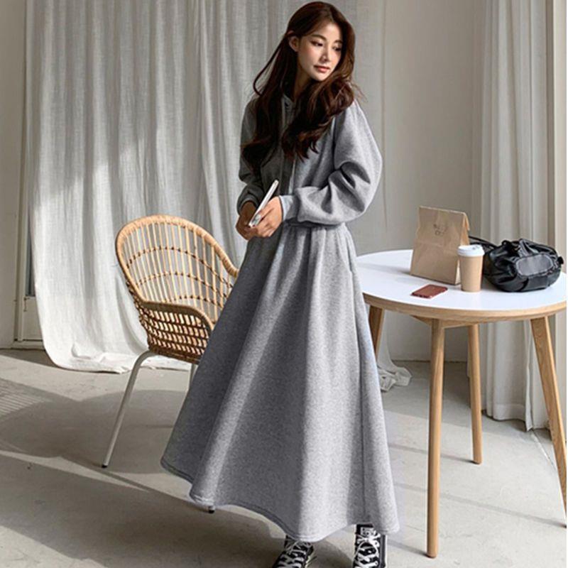 Autumn and Winter Sweatshirt Dress Korean Cross-Border New Hooded Large Size Slim Waist Student Solid Color Long Skirt Women's Dress