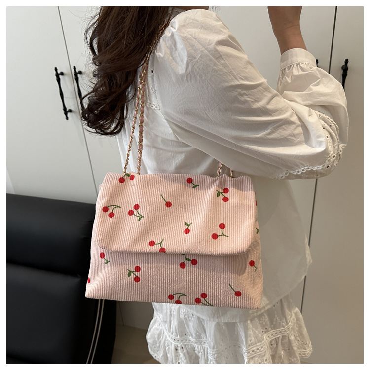 270g Weight Sewing Thread Fashion Element Magnetic Buckle Closure Type Single Shoulder Strap Strap Type Canvas Bag Bags Type Daily Occasion Canvas Material Cherry Pattern All Seasons Season Women's Gender Cute Style Square Shape Women's Canvas Cherry Cute Sewing Thread Square Magnetic Buckle Canvas Bag 5