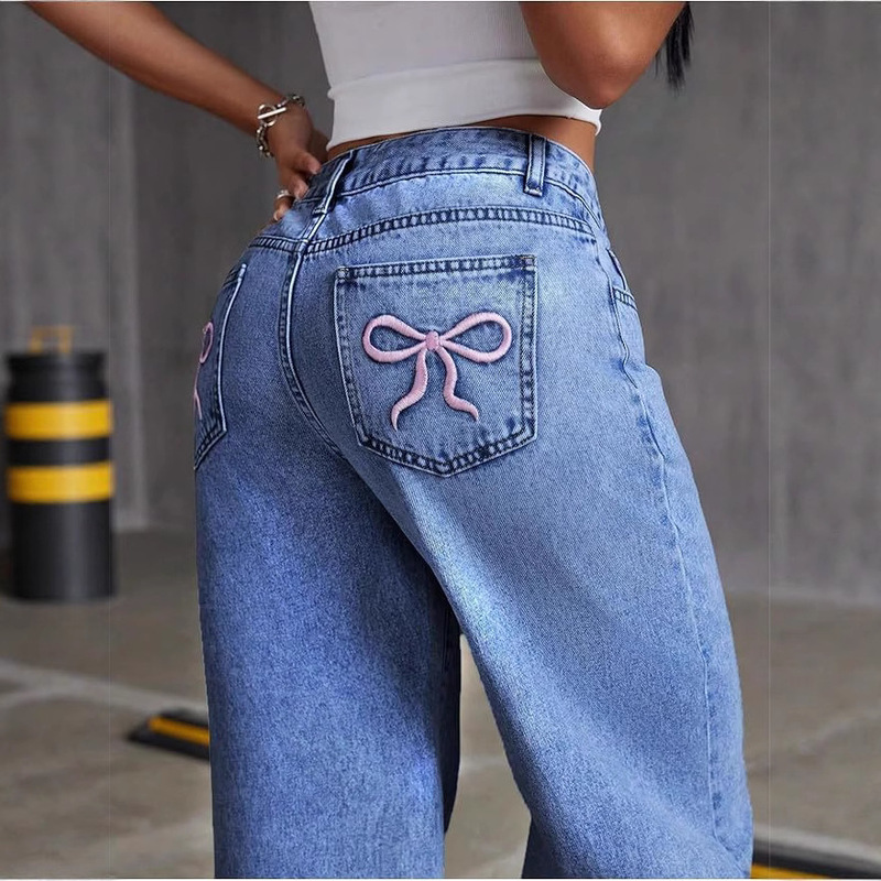 Shein Amazon Bow Embroidered Jeans for Women Y2K High-Waisted Straight-Leg Pants Loose Long Pants High-Waisted Slimming