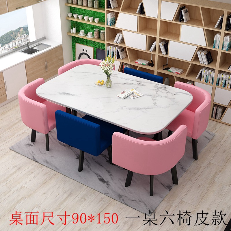 150*90 imitación piedra patrón de escritorio azul oscuro cuero rosa una mesa seis sillas
