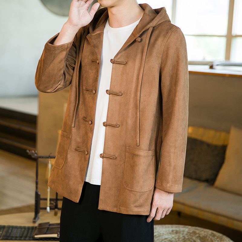2022 autumn and winter New Chinese style men's buckle cardigan Hanfu heavy deerskin velvet Tang suit hooded coat for men
