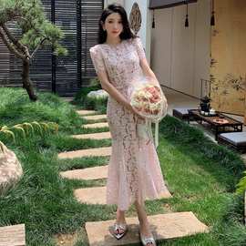 2026年新品女装蝴蝶结粉色蕾丝连衣裙圆领短袖气质优雅鱼尾晚礼服