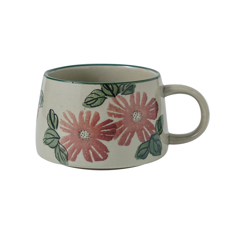 Taza de cerámica vintage para latte art, taza y platillo de cerámica rústica simple para té de la tarde o café con diseño floral.