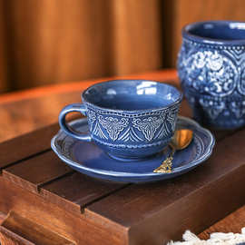 欧式宫廷风复古浮雕陶瓷杯拉花拿铁高级感下午茶杯碟套装咖啡杯子