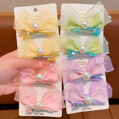 Korean small and fresh children's hairpin mesh bow pearl hairpin side clip cute baby hair-free headwear