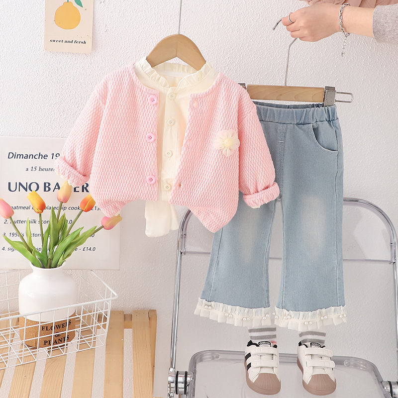 Girls' Back Bow Cardigan Sweater 2025 Spring New Lace Shirt Long-Sleeved Flared Jeans Three-Piece Set