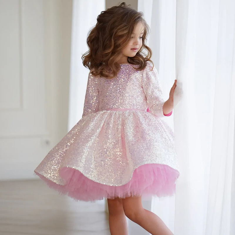 Pink Girls' Princess Dress 2026 New Style Fashionable Girls' Long-Sleeved Sequin Birthday European and American Christmas Kidsren's Dress Pink Girls' Princess Dress 2026 New Style Fashionable Girls' Long-Sleeved Sequin Birthday European and American Christmas Kidsren's Dress