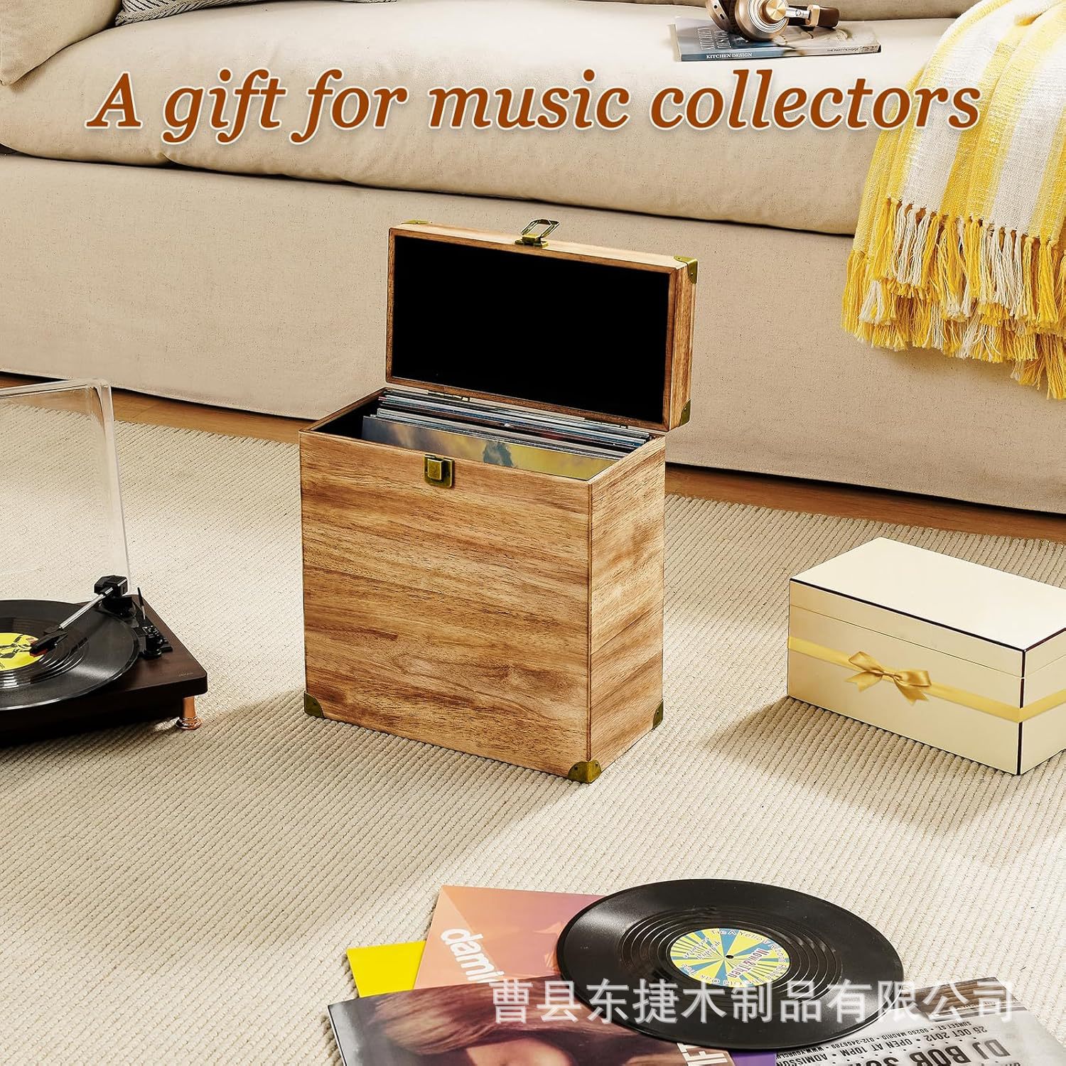 木制 乙烯基唱片收纳盒手提式相册收藏光盘存储盒实木黑胶唱片盒