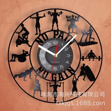 黑胶唱片挂钟健身主题创意复古怀旧墙面健身房装饰时钟跨境