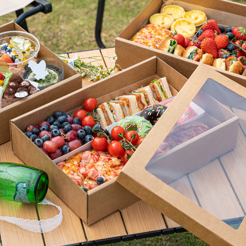 Picnic Box Dessert Box Camping Kraft Paper Meal Barbecue Packaging Box Outdoor Fruit Cake Disposable Packaging Box