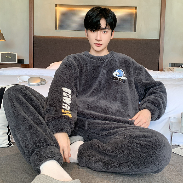 Pijamas de peluche de invierno para hombres guapo simple dibujos animados panda de peluche grueso ropa de casa de dos piezas