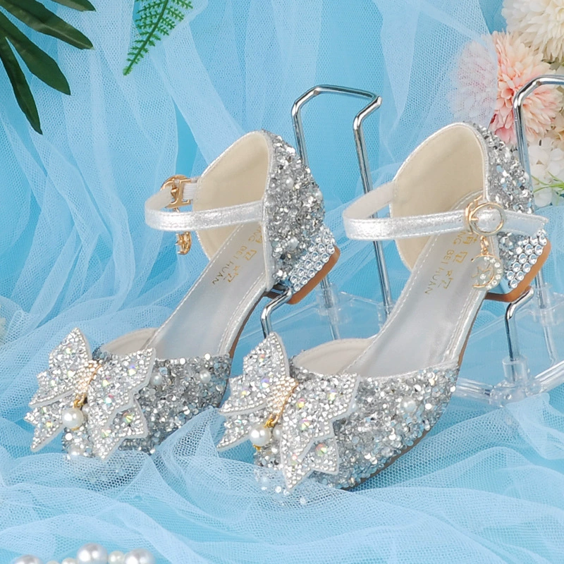 Корейские серебряные детские туфли на высоком каблуке белые кожаные туфли