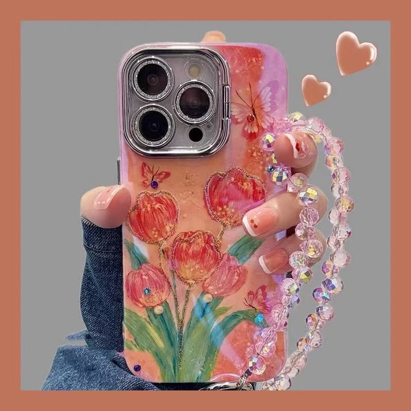 Hermosa pintura al óleo in tulipán mariposa para iPhone15 niña 16ProMax Apple 14/13 funda para teléfono móvil