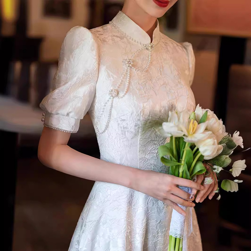 New Chinese-Style Engagement Qipao, Improved Toast Dress, 2026 New Summer White Dress for Marriage Registration