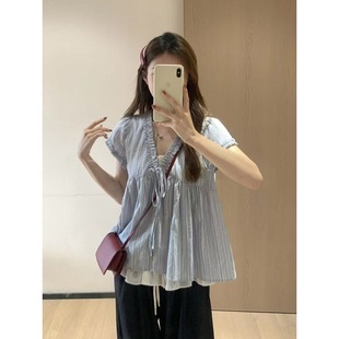 Plus Size Fat mm Blue Stripesd Fake Two-Piece Short-Sleeved Shirt for Women Summer New Loose Body-Covering Slimming Look Top