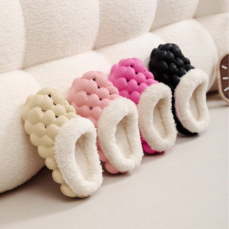 Wholesale Autumn and Winter Cotton Slippers, Lychee Bubble Flat-Soled, Comfortable, Simple, Fashionable, Home Non-Slip, Casual, Warm Cotton Slippers