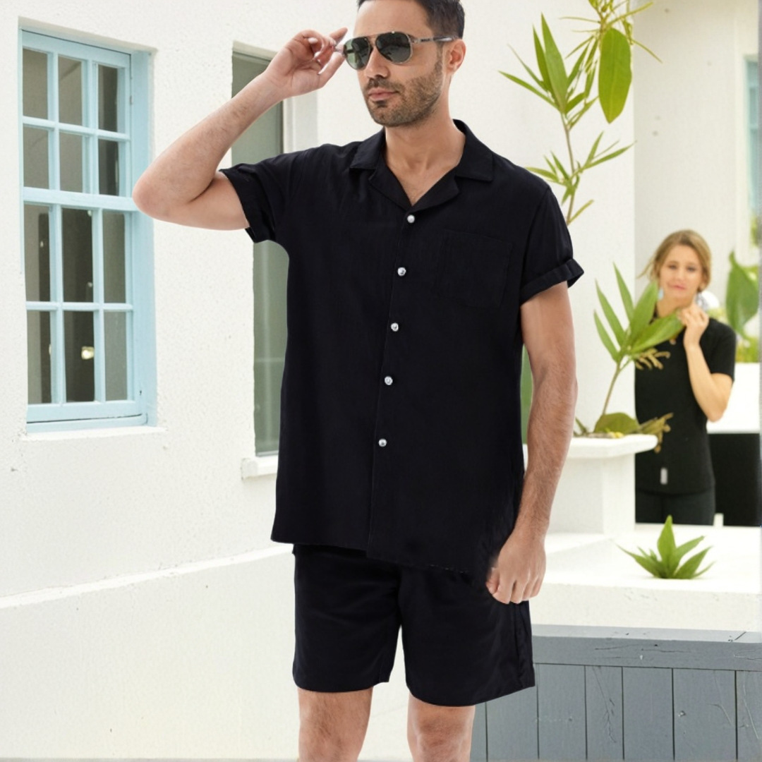 2023 verano transfronterizo algodón y lino de los hombres de color sólido solapa de moda camisa de manga corta pantalones cortos traje de dos piezas preventa