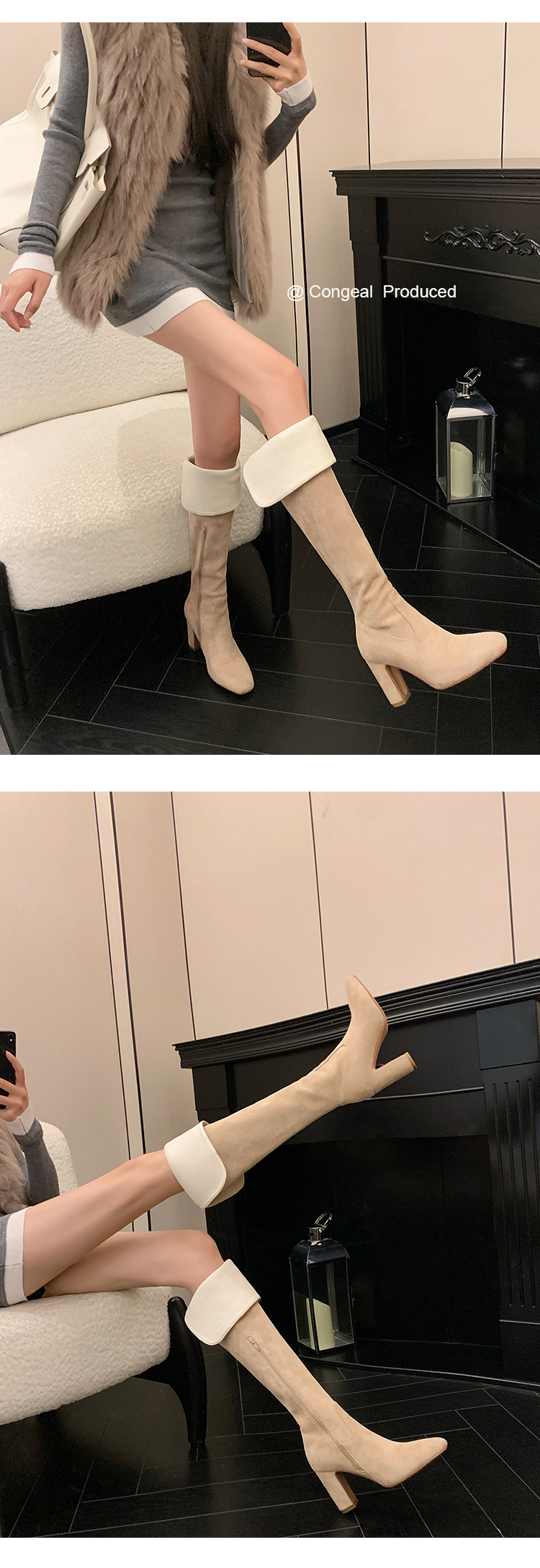 Boot nữ cổ cao quá gối mũi vuông gót thô 5 cm phong cách Hàn Quốc, có thể gập ống — Lớp lót nhung ống nhỏ màu đen 5cm chi tiết 22
