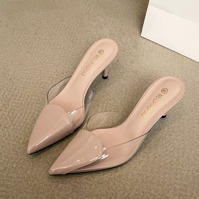 Primavera y verano nuevas sandalias Baotou de tacón alto para mujer, pantuflas de amor transparentes puntiagudas, sandalias y pantuflas de tacón de aguja de moda para mujer