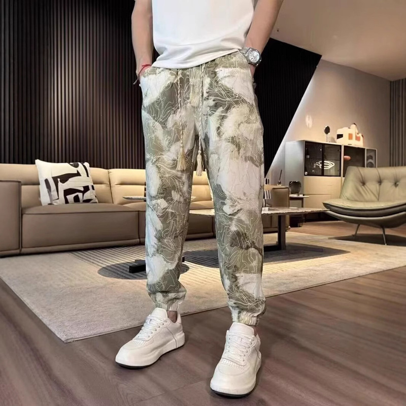 Summer New Men's Harlan Pants Ankle Pants Ink Painting Foot Casual Pants Korean Fashionable Loose All-match Breathable