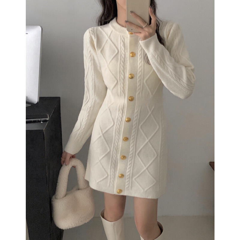 Apricot Knitted Knitwear, Cardigan, Dress, Coat, Hip-Covering Short Skirt, Loose Autumn and Winter Outwear, Women's Skirt