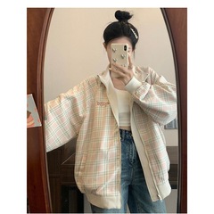 日系格子复古双面立领外套新款休闲设计夹克开衫宽松棒球情侣上衣