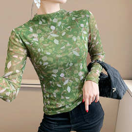 工厂直销欧货女装2025秋冬时尚洋气高弹网长袖印花高领上衣实拍潮