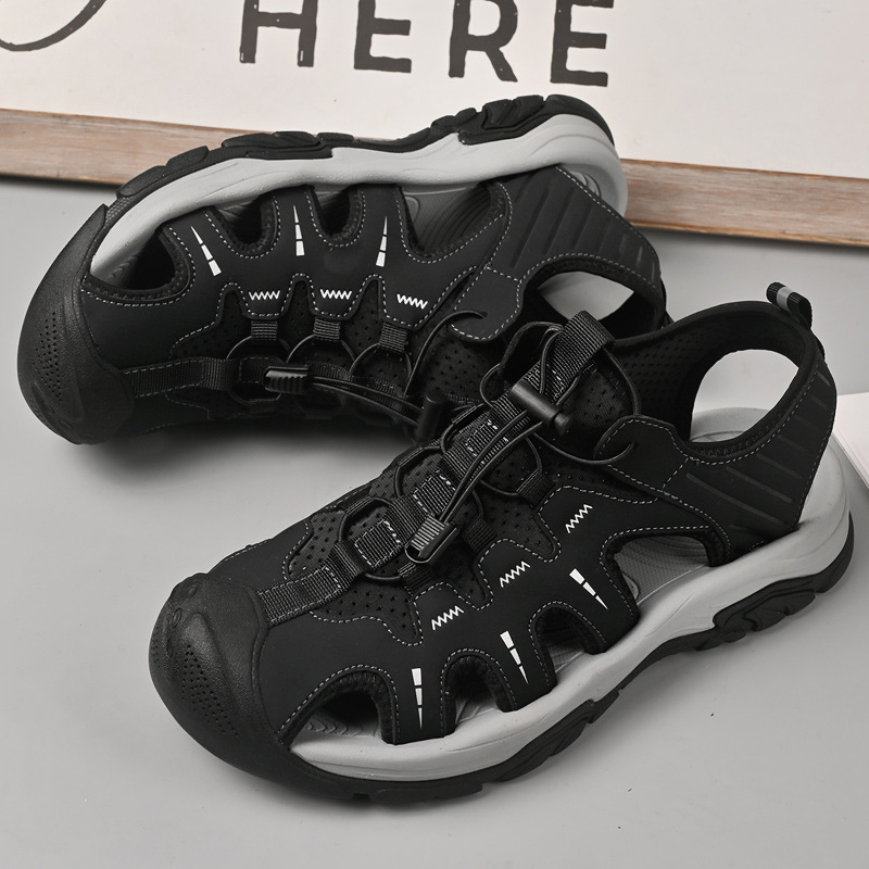 沙灘鞋男2024夏季鏤空透氣真皮涼鞋一腳蹬軟底防滑戶外運動休閒鞋