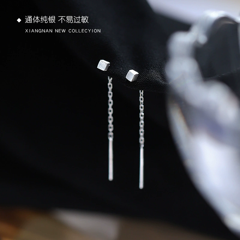 Earrings silver 925, minimalist cube stud with slim drop, lightweight summer accessory