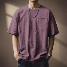 高端简约刺绣竹节纯棉短袖t恤男士2024夏季新款半袖紫色重磅体恤