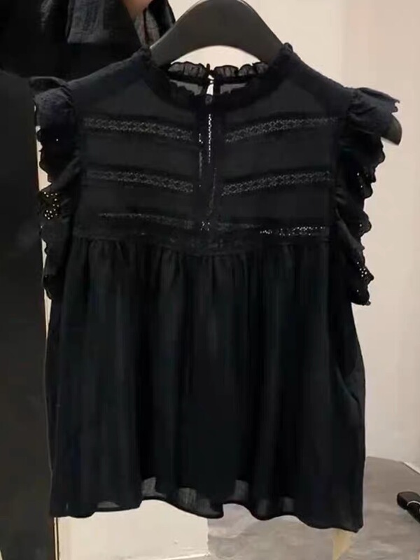 0440 Black Lace Ear Vest Sleeveless Shirt Women's Summer Elegant Wear Thin New Style Top for Age Reduction 0440 Black Lace Ear Vest Sleeveless Shirt Women's Summer Elegant Wear Thin New Style Top for Age Reduction