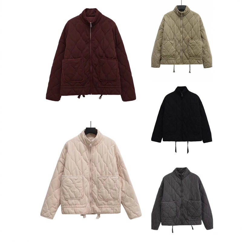 Autumn and Winter New European and American Solid Color Stand Collar Zipper Large Pocket Tie Long Sleeve Cotton Jacket Washed Cotton Coat for Women