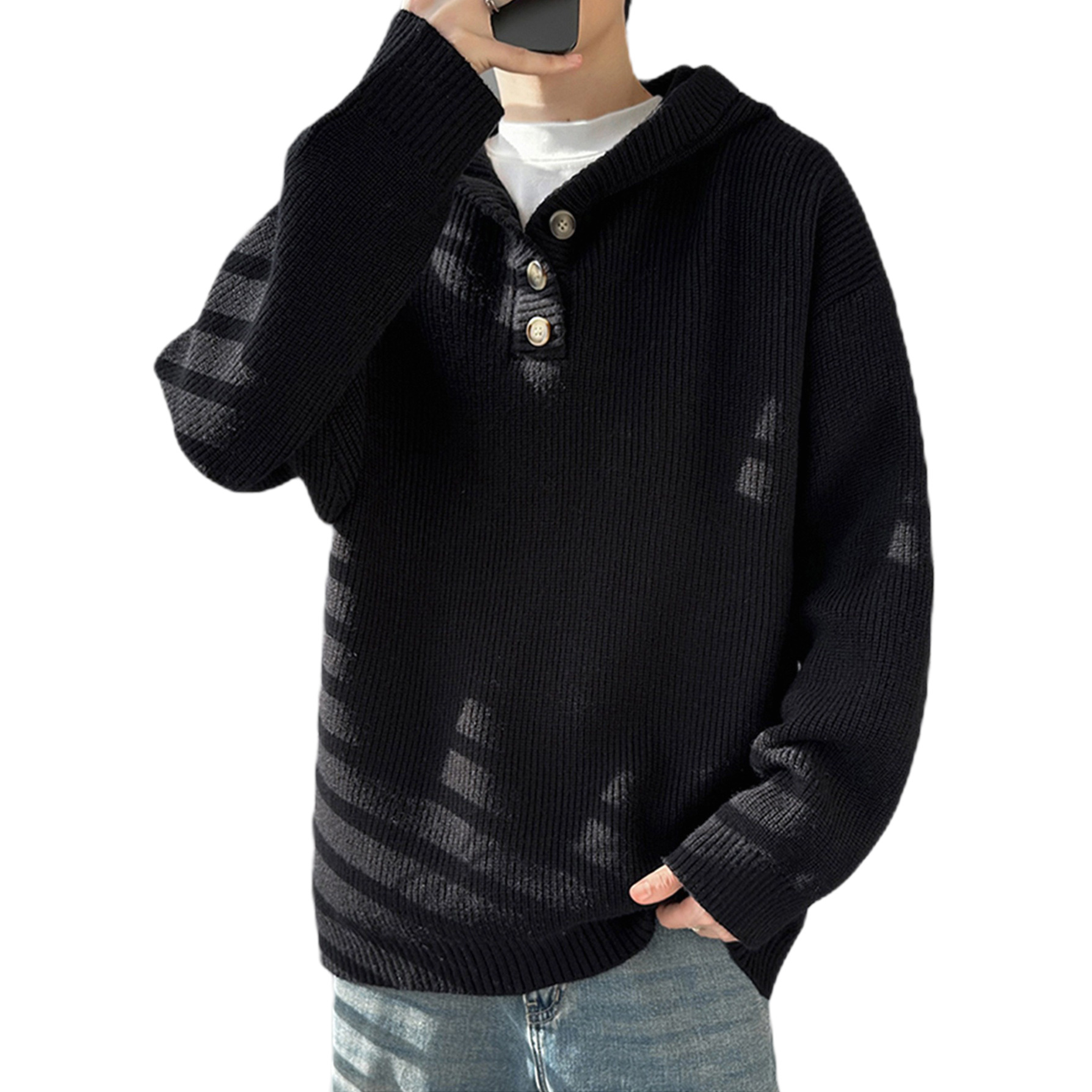 Explosiones transfronterizas de tamaño europeo suéter de punto con capuzas hombre flojo viento medio abierto botón fábrica de marea al por mayor