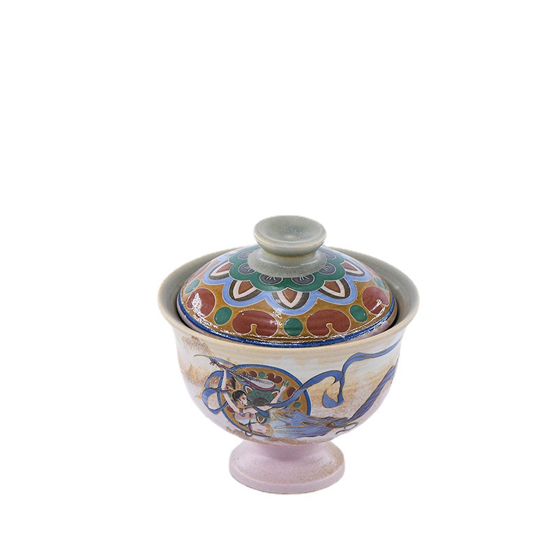 Impresión de Dunhuang Apsara cubierta Tazón de cerámica juego de té Tazón cultural regalo creativo fabricante de té 150ml de alto Pie de dos piezas taza de té