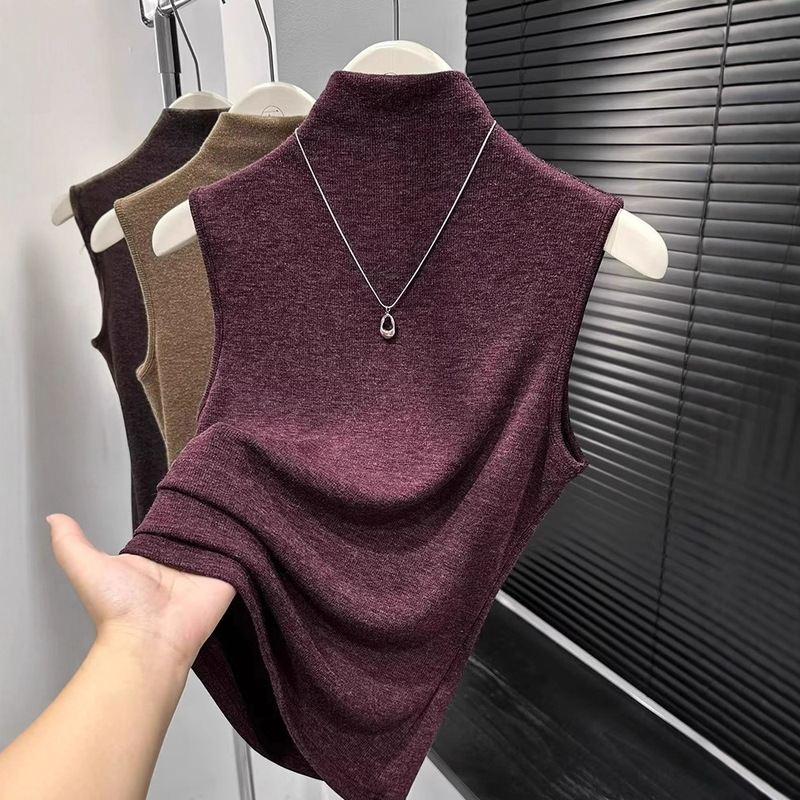 Maroon Knitted Half Turtleneck Bottoming Shirt for Women with Slim Collar and Too Low Collar, Korean Style Layered Sleeveless Vest Maroon Knitted Half Turtleneck Bottoming Shirt for Women with Slim Collar and Too Low Collar, Korean Style Layered Sleeveless Vest
