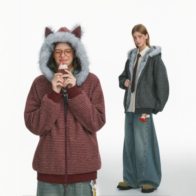 American-Style Cat Ear Striped Fur Collar Mountain Eagle Cotton Jacket for Men and Women 2025 Autumn and Winter New Fleece Sweatshirt Cardigan Coat Trendy American-Style Cat Ear Striped Fur Collar Mountain Eagle Cotton Jacket for Men and Women 2025 Autumn and Winter New Fleece Sweatshirt Cardigan Coat Trendy