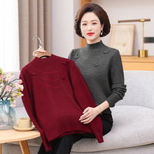 中老年圆领长袖针织衫妈妈装洋气蝴蝶装饰打底衫女装秋装新款毛衣