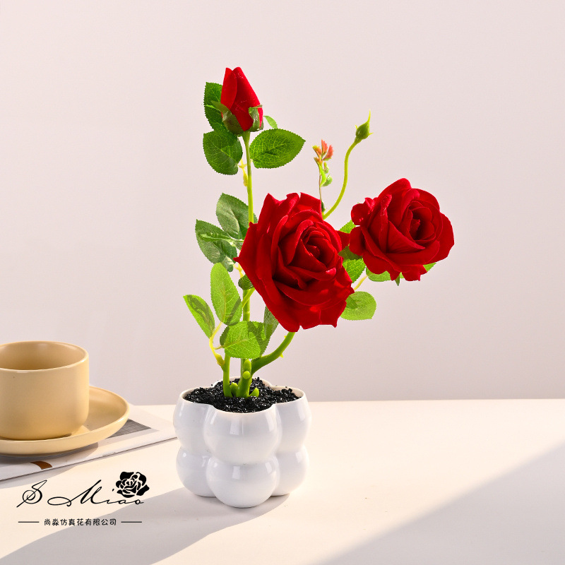 Bonsai de rosa de franela de tres cabezas, flores de simulación creativa, decoración de estudio fotográfico para el hogar, plantas verdes artificiales, plantas en macetas de simulación