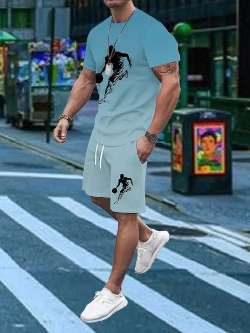 Cross-border 2025 nuevo estilo Amazon europeo y americano degradado de color manga corta cuello redondo camiseta pantalones cortos traje ME5 MA04