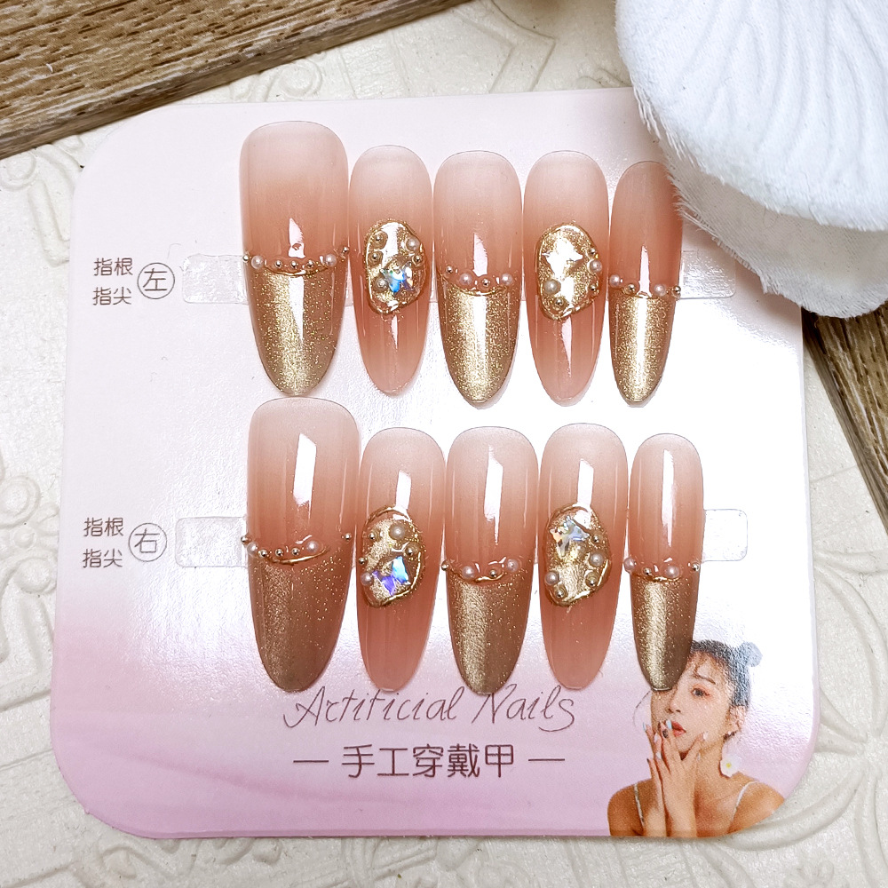 Champán dorado largo ovalado uñas uñas líneas doradas ojos de gato pegatinas de uñas 10 piezas de uñas hechas a mano image 4