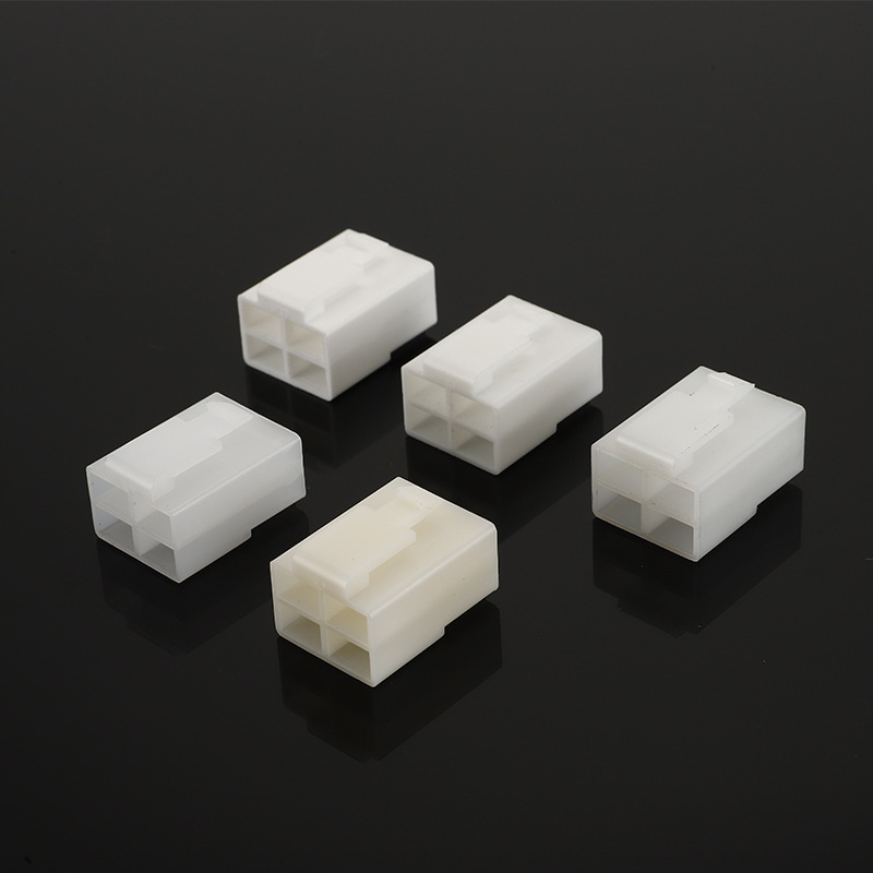 The manufacturer supplies DJ7041-6.3-21 automotive wire harness connectors in white with 4 holes, complete specifications