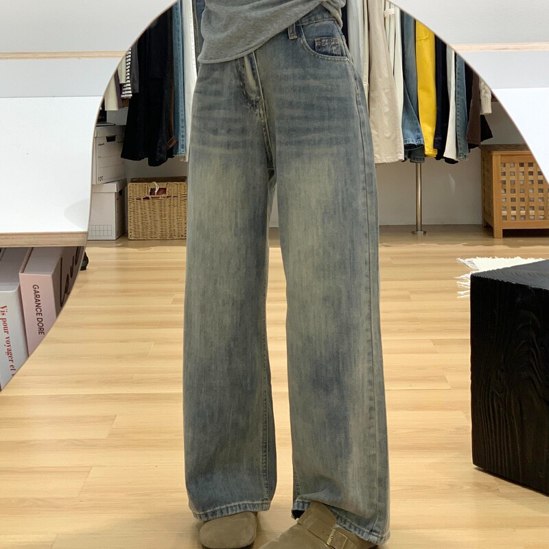 Plus-size vintage washed wide-leg jeans for women, slimming high-waisted American-style straight-leg loose floor-length pants for petite women